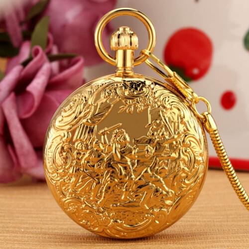 Battle Scene Pattern Pocket Watch Gold Copper Case Digital Dial Automatic Machine Clock Pendant Necklace Gorgeous Gift Neutral