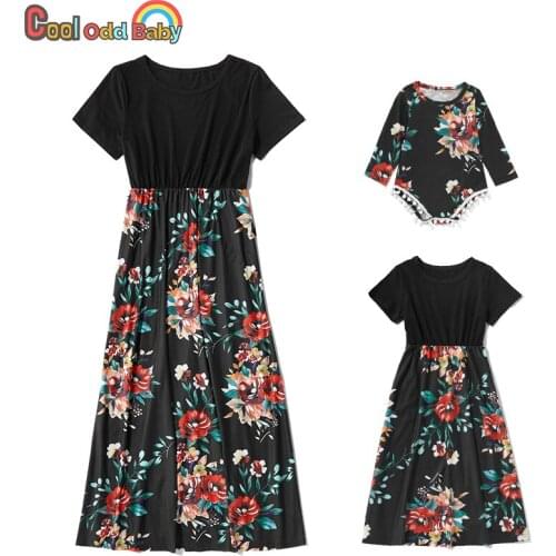 Summer Woman Girl Black Floral Print Dress Baby Romper Short Sleeve Mommy and Me Dresses Fashion Family Matching Clothes Outfits