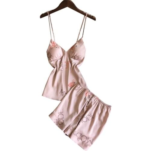 Summer New Lady Pink Strap Top&Shorts Sexy Sleepwear With Bra 2 Pcs Flamingo Print Pajamas Set Young Girl Lougne Home Wear