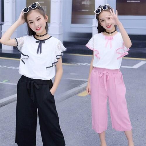 Teenager Girls Summer Clothes Sets For Kids Wear 4 6 8 10 12 14 Year Teenage Girls Clothing Set Frill Top + Wide Pants 2PCS Set