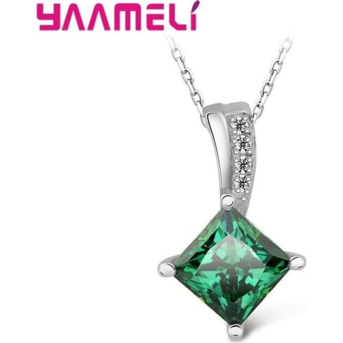 Top Sale Fine 925 Silver Woman Necklaces Shining Green Square Pendant Clear Cubic Zirconia Birthday Gifts for Mothers Day