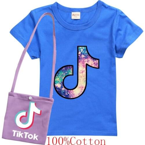 TIK TOK Summer Girls Kids Cotton T Shirt Baby Children Cute T-shirt Tops Tees Home Clothes +Bag