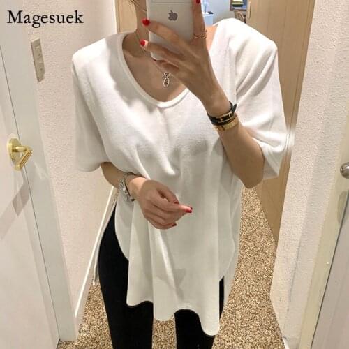 Summer Loose Solid Color T-shirt Korean New Ins Style Split Arc Design T-shirt Short Sleeve Wild Round Neck Bottoming Tee 13554