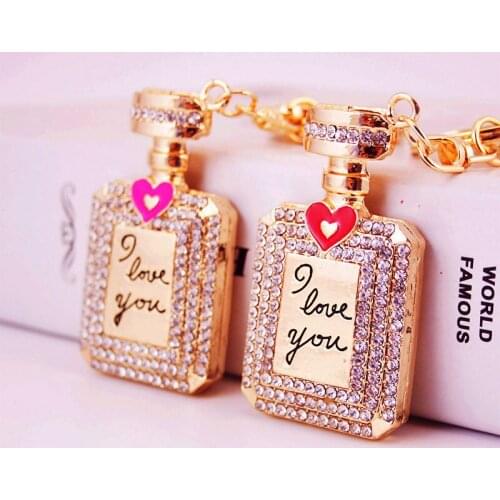 Novelty Items Full Rhinestone Perfume Bottle Design Keychains Crystal Keyrings Heart Jewelry Key Chain Trinket For Women
