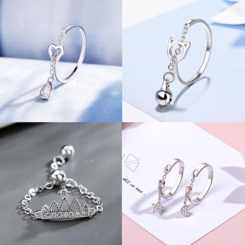 New Fashion Tassel Chain Tiara Star Moon Cat Heart Silver Color Copper Finger Rings Adjustable For Women Jewelry Gift Dropship