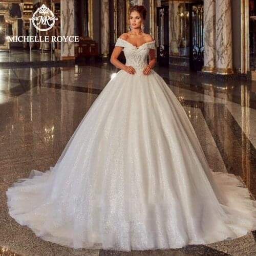 Michelle Royce Ball Gown Wedding Dress 2020 V-Neckline Off the Shoulder Lace Up Chapel Train Bridal Gown Vestido De Noiva
