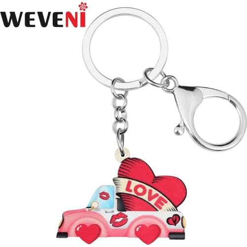 WEVENI Acrylic Valentines Day Cartoon Cute Red Love Heart Car Keychains Ring Fashion Purse Bag Key Chain Jewelry For Women Girl
