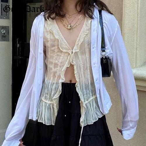 Y2K Mesh T-Shirts Summer Gothic Harajuku Short Sleeve See Through Tops Women Streetwear Sexy Lace Up Cardigan