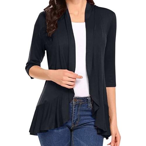 Women Thin Cardigan Spring Autumn Office Lady Coverup Ruffles Solid Color Elegant Daily Casual Soft Top Open Stitch Jacket Pop
