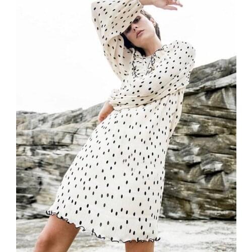 Women Dress Polka Dot Georgette Pleated Polka Dot Long Sleeve Sunscreen Women Dress