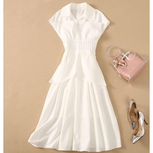 Newest Fashion White Dress 2021 Summer Celebrity Inspired Women Turn-down Collar Pleated Patchwork Short Sleeve Mid-Calf Dress
