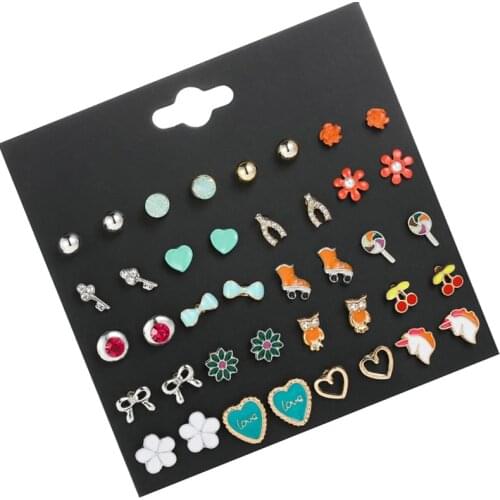 20 Pairs/set Cute Animal Heart Flower Small Stud Earrings For Girls Kids Jewelry Fashion Rhinestone Enamel Earring Set For Women