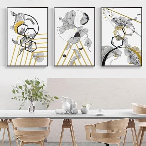 Abstract Geometric Pattern Canvas Painting Simple Golden Line Poster Living Room Background Wall Art Pictures Mural Home Decor