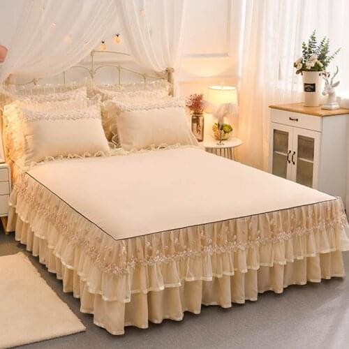 Beige Lace Embroide Princess Bedding Bed Sheet Pillowcases Bedspread Bed Skirt Home Decoration Mattress Cover For 2.0/1.8/1.5M