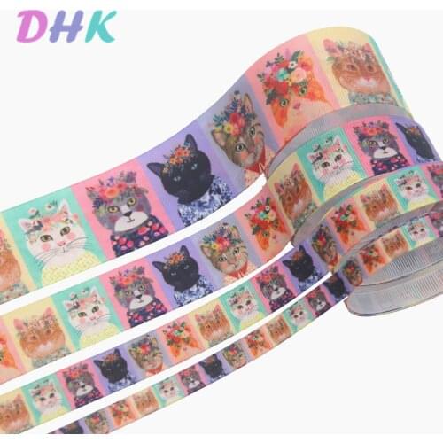 DHK 4 sizes options 5yards cat Printed Grosgrain Ribbon Accessory Hairbow Headwear Decoration DIY Wholesale C1842