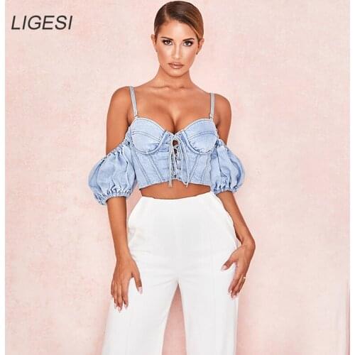 Denim Sexy Bandage Crop Top Women Fashion Blue Jeans Puff Sleeve Camisole Tee Cowboy Tank Top Streetwear Bustier Tops