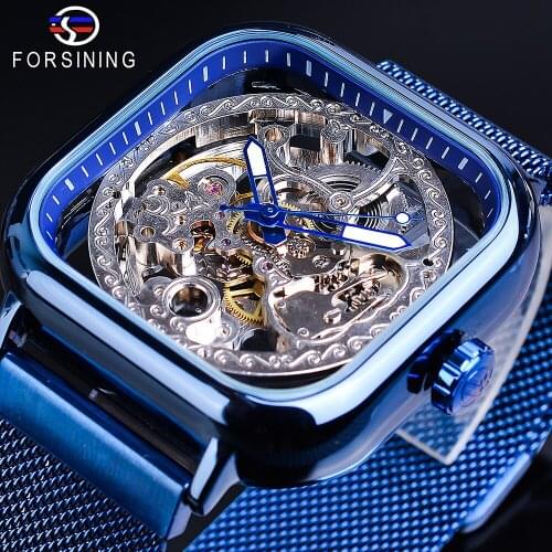 Forsining Blue Square Automatic Watch Male Mechanical Skeleton Hollow Slim Mesh Steel Strap Wrist Watches Stylish Clock Relogio