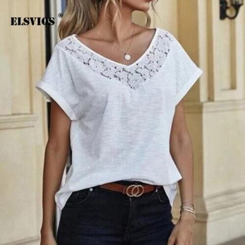 Summer Elegant Solid Color Women Fashion New T-Shirt Casual Short Sleeves Loose V Neck Lace Pullover Office Lady Slim Party Tops