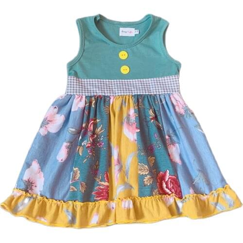 Baby girl summer pure cobalt blue tops multipattern floral mosaic lovely dress Colorful tank dresses with yellow button