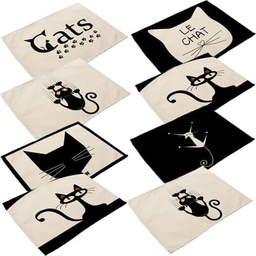 Cartoon Black White Cat Printed Placemats Dining Tables Coaster Cloth Insulation Coffee Tea Cup Pad Kitchen Placemat for Table