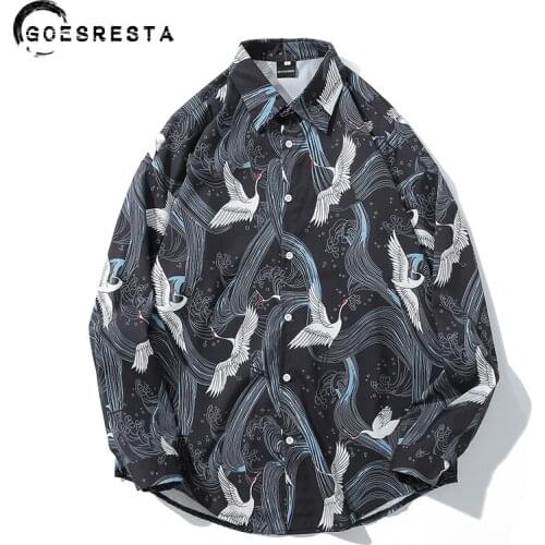 2020 New Summer Casual Fashion Shirts For Men Full Sleeve Crane Pattern Streetwear Oversize Harajuku Hawailian Men Shirt Loose