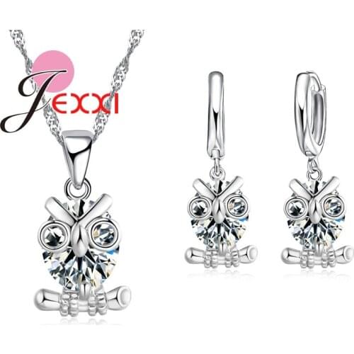 Brand Cute Animal Design 925 Sterling Silver Pendant Necklaces Earrings Cubic Zircon Crystal Owl Jewelry Set Women Gift
