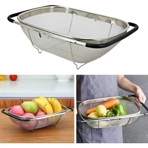 Stainless Adjustable Colander Strainer Over The Sink For Pasta Food Oval