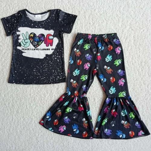 RTS new arrive baby girl clothes gesture pattern black top and colorful pattern bell bottom pants kids girl outfits
