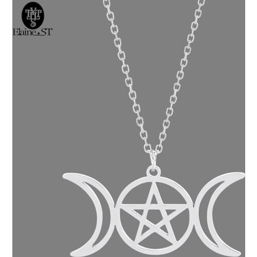 Wholesale retro Moon Goddess Pentagram Chains Necklace Hollow stainless steel pendant necklace Wicca Supernatural Amulet Jewelry