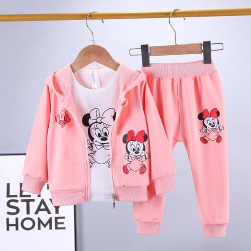 Autumn Kids Clothes Minnie Mouse Zipper Hooded Sweatshirt&shirt&pants 3 Piece Spring Baby Girls Clothing Set Cute Kids Outfits