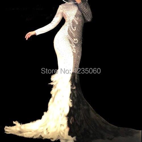 Drag Queen Costumes Lux Rhinestones Pearl Feather Sexy Prom Nightclub Long Maxi Dress Celebrate Birthday Dresses