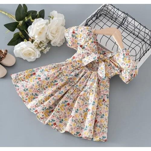 Girls Dresses Vintage Floral Print Backless Dress Summer Princess Dresses Sweet Pleated A-Line Dress Children Girls Clothes 2021