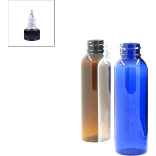 60ml empty cosmo round clear/amber/blue pet bottle with black Twist Top Caps pointed mouth top cap X 5