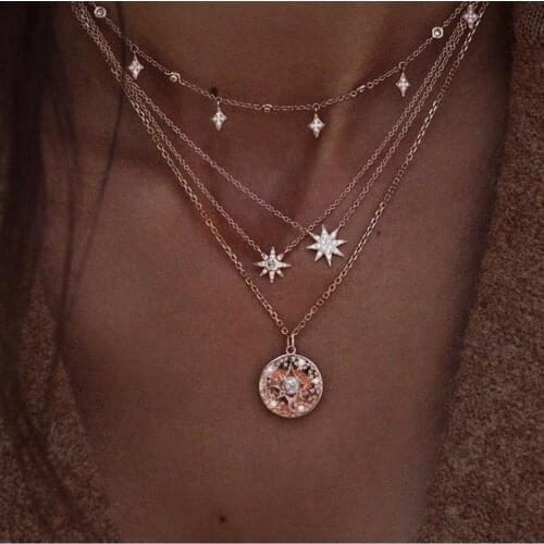 Three Layers Necklace Star Round Disc Pendant Crystal Bead Acrylic Metal Chain Choker Gold Color Plated Clothes Accessory
