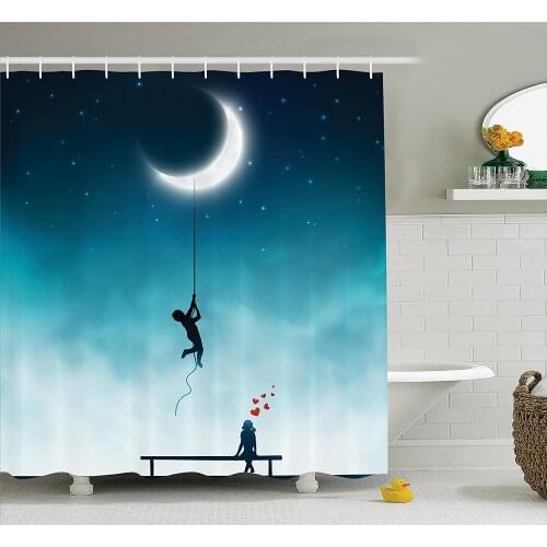 Inspirational Shower Curtain House Decor Boy Climbing to The Moon with Rope and Girl On Bench Love Fantasy Bathroom Curtains