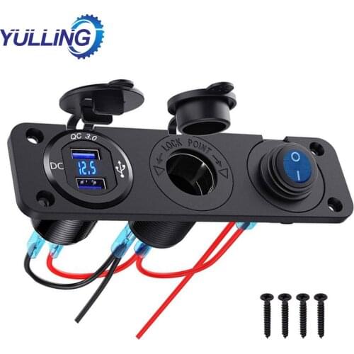 YULLING Dual USB QC 3.0 Cigarette Lighter Socket Splitter 12/24V Waterproof Car Charger LED Display USB Outlet Panel Charger