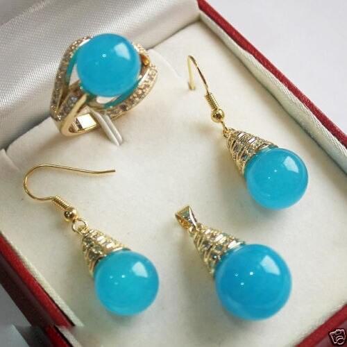Jewelry 12mm Blue jade Pendant Necklace Earrings Ring Set
