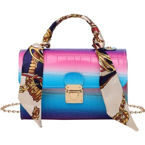 Women Rainbow gradient PU leather Shoulder Messenger Bag Fashion chain Handbag Crossbody Bag casual small square bag silk scarf