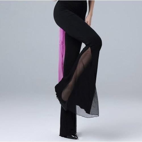 2021 Women Modal Latin Dance Black Pants Trouser with Mesh Ballroom Comfortable Professional Elastic Dancing Trousers
