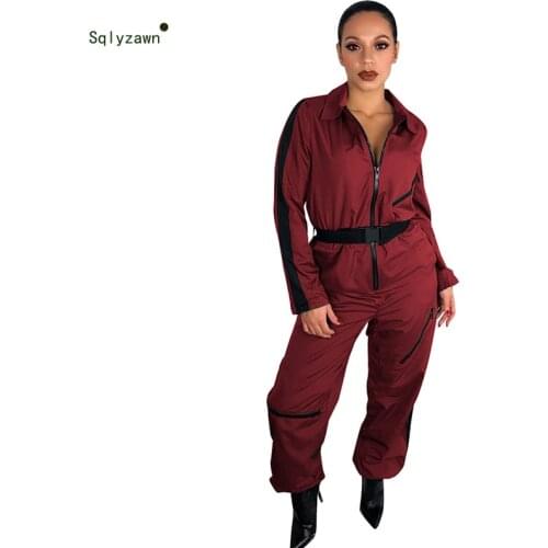 Women Long Sleeve Bandage Belt bodycon Jumpsuit Autumn Winter Green Red Black Zipper Overalls Streetwear Cargo Pants Rompers