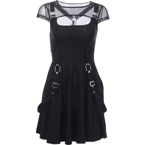 Gothic Punk Sexy Dress Summer Women Vintage Black Mesh Streetwear Hipster High Waist Backless Woman Party Night Club Mini Dress