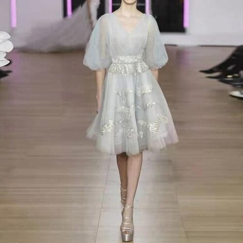 2021 Autumn Party Dress Fashion Design Solid Puff Sleeve Embroidery Flowers High Quality Mesh Dresses