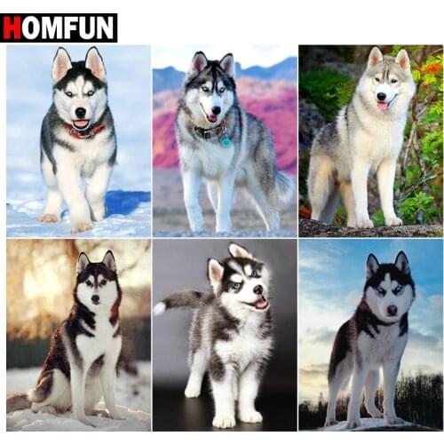 HOMFUN 5D DIY Full Diamond Embroidery "Husky dog landscape animal" Diamond Painting Cross Stitch Rhinestone Home Decoration