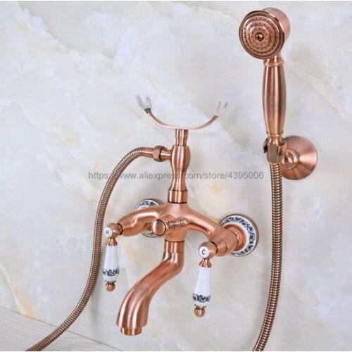 Antique Red Copper Wall Mount Bathtub Faucet Dual Handles with Handshower Bathroom Tub Mixer Taps Bna368