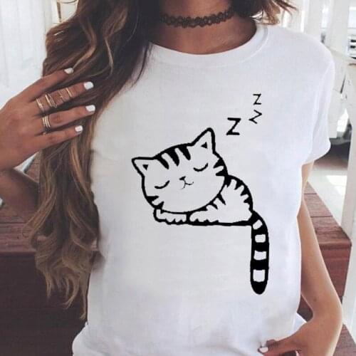 Ladies t-shirts Summer Sleeping cat Fashion Short Sleeve Women tshirts Female Tee Tops Graphics O-neck streetwear tshirt femme