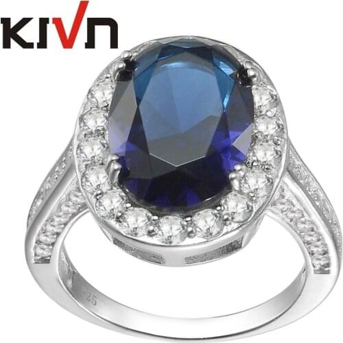 KIVN Women Fashion jewelry Princess Blue Pave CZ Cubic Zirconia Wedding Bridal Engagement Rings Mothers Birthday Christmas Gifts