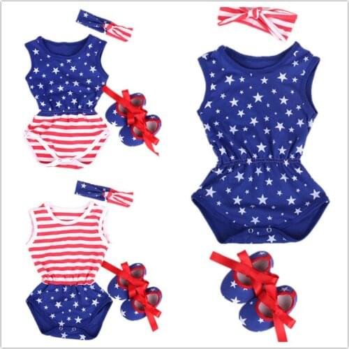 American Flag Baby Girl Bodysuits First Walker Headband 3pcs Suit Newborn Jumpsuit Clothes Set Cotton Star Boy Summer Outfit USA