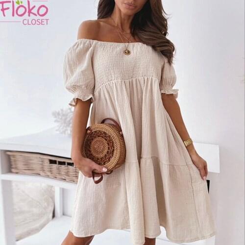 Flokocloset Summer Sexy Backless Off Shoulder Midi Dress Elegant Puff Sleeve Party Birthday A-Line Solid Shirring Dresses