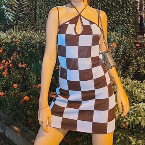 2021 Summer New Sexy Hollowed-out Women Dress with Neck Suspenders Fashion Contrast Color Rhomboid Tie Wool Dress for Girl