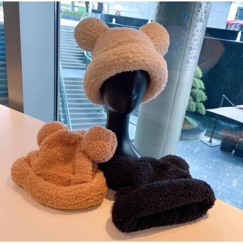 Autumn Winter New Ins Style Lovely And Interesting Warm, Windproof Cold Resistant Bear Ears Plush Hat Basin Cap Woman Girl
